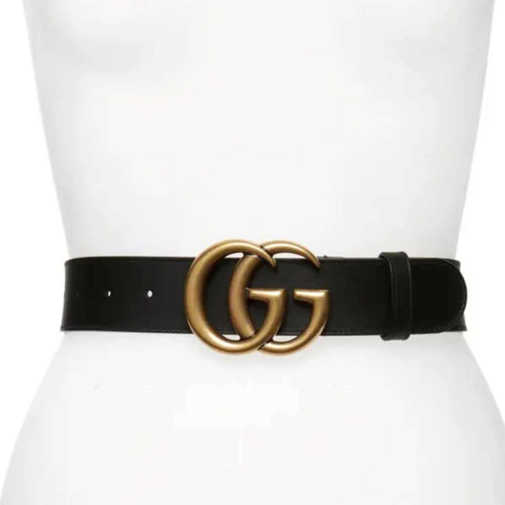 Authentic Gucci Double G Logo Leather Buckle Belt, black/gold, size 85